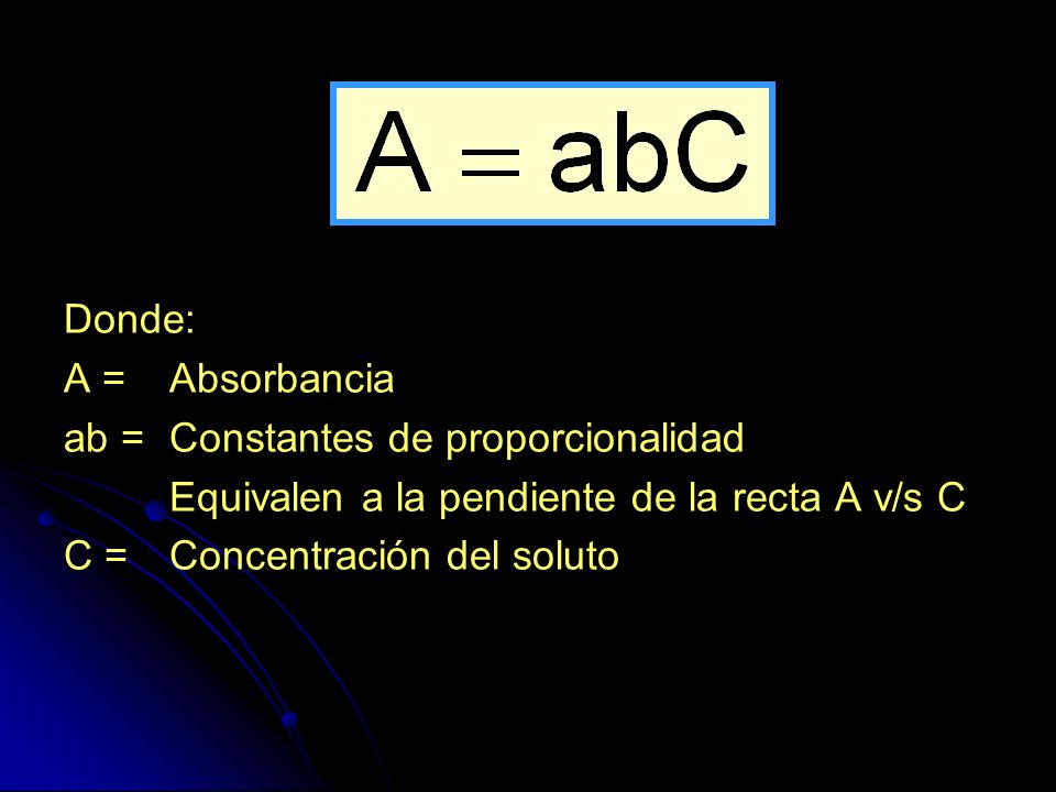 Donde: A = Absorbancia. ab = Constantes de proporcionalidad. Equivalen a la pendiente de la recta A v/s C.