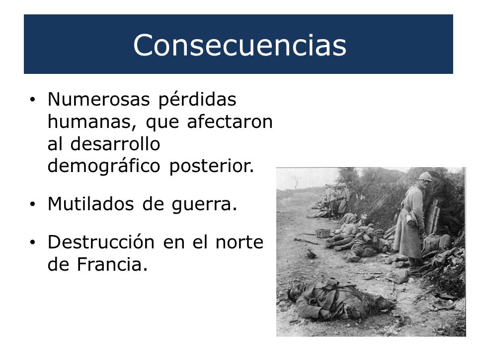Consecuencias Numerosas pérdidas humanas, que afectaron al desarrollo demográfico posterior. Mutilados de guerra.