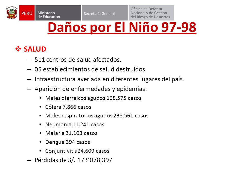 Daños por El Niño SALUD 511 centros de salud afectados.