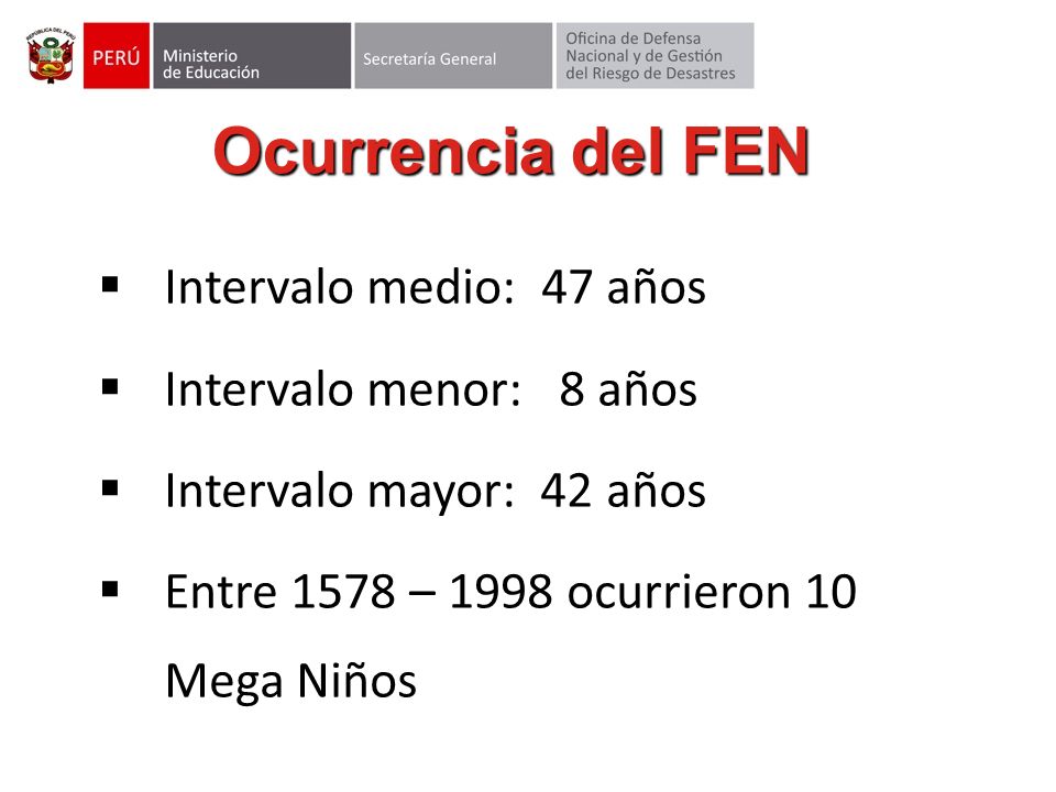 Ocurrencia del FEN Intervalo medio: 47 años Intervalo menor: 8 años