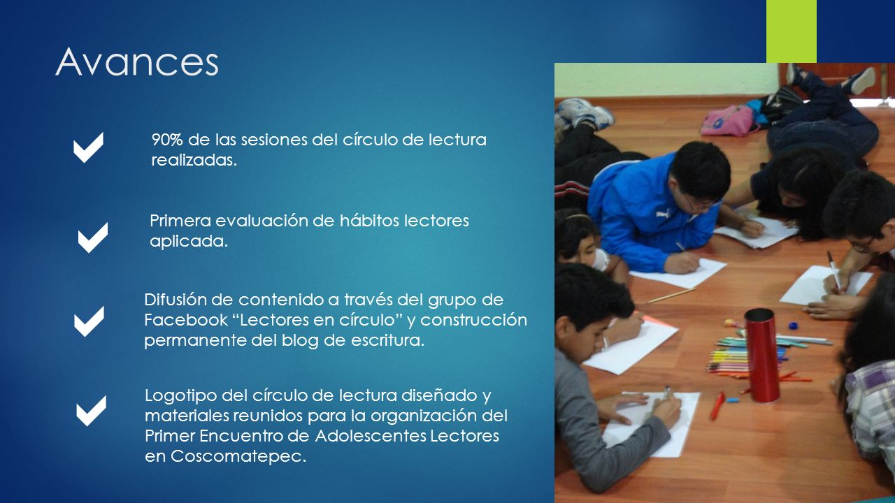 a a a a Avances 90% de las sesiones del círculo de lectura realizadas.