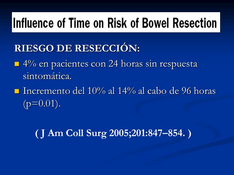 RIESGO DE RESECCIÓN: 4% en pacientes con 24 horas sin respuesta sintomática. Incremento del 10% al 14% al cabo de 96 horas (p=0.01).