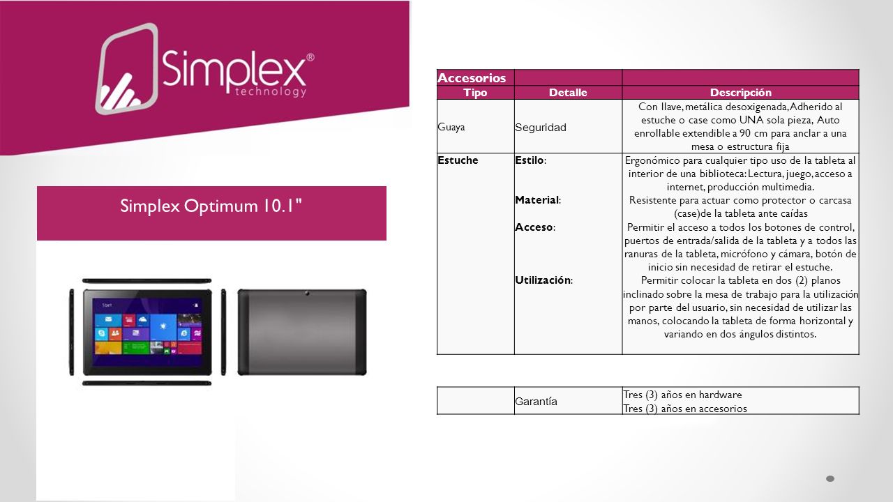 Simplex Optimum 10.1 Accesorios Tipo Detalle Descripción Guaya