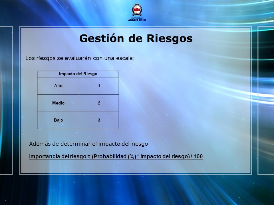 Gestión de Riesgos Los riesgos se evaluarán con una escala: