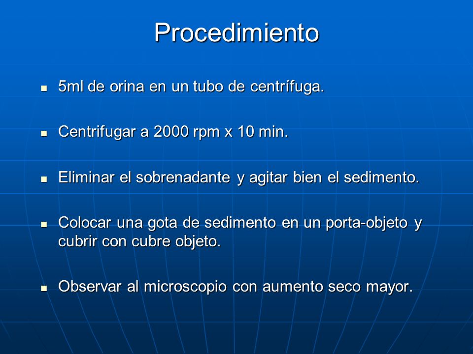 Procedimiento 5ml de orina en un tubo de centrífuga.