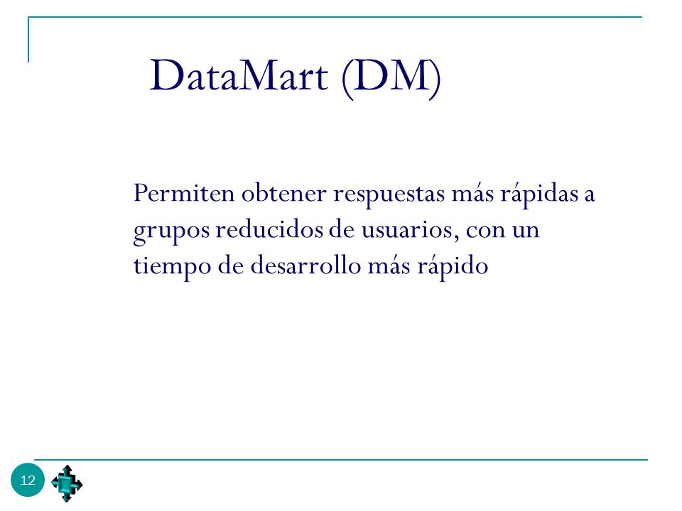 DataMart (DM) Permiten obtener respuestas más rápidas a grupos reducidos de usuarios, con un tiempo de desarrollo más rápido.