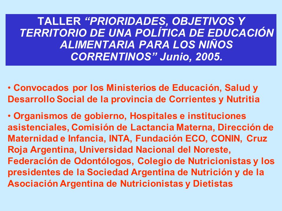 TALLER PRIORIDADES, OBJETIVOS Y TERRITORIO DE UNA POLÍTICA DE EDUCACIÓN ALIMENTARIA PARA LOS NIÑOS CORRENTINOS Junio, 2005.