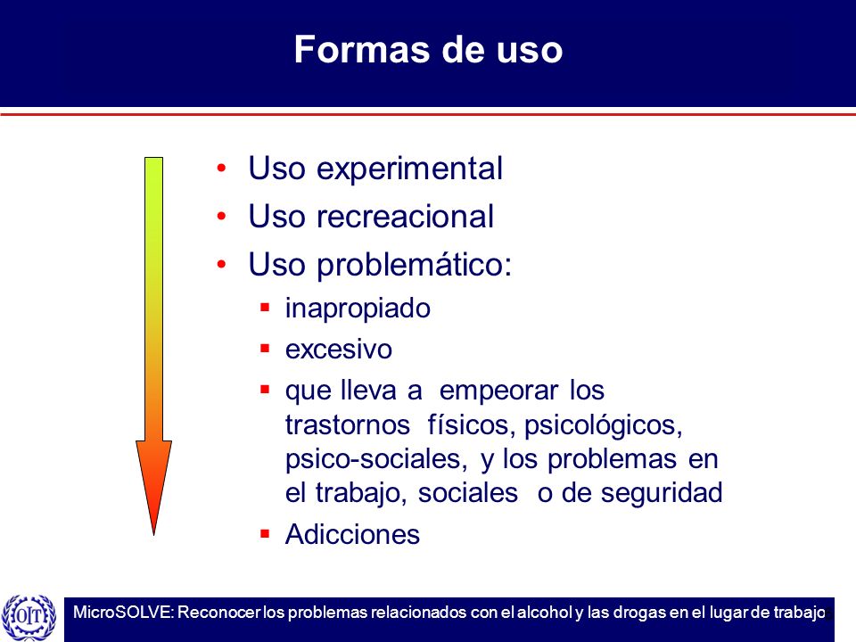 Formas de uso Uso experimental Uso recreacional Uso problemático: