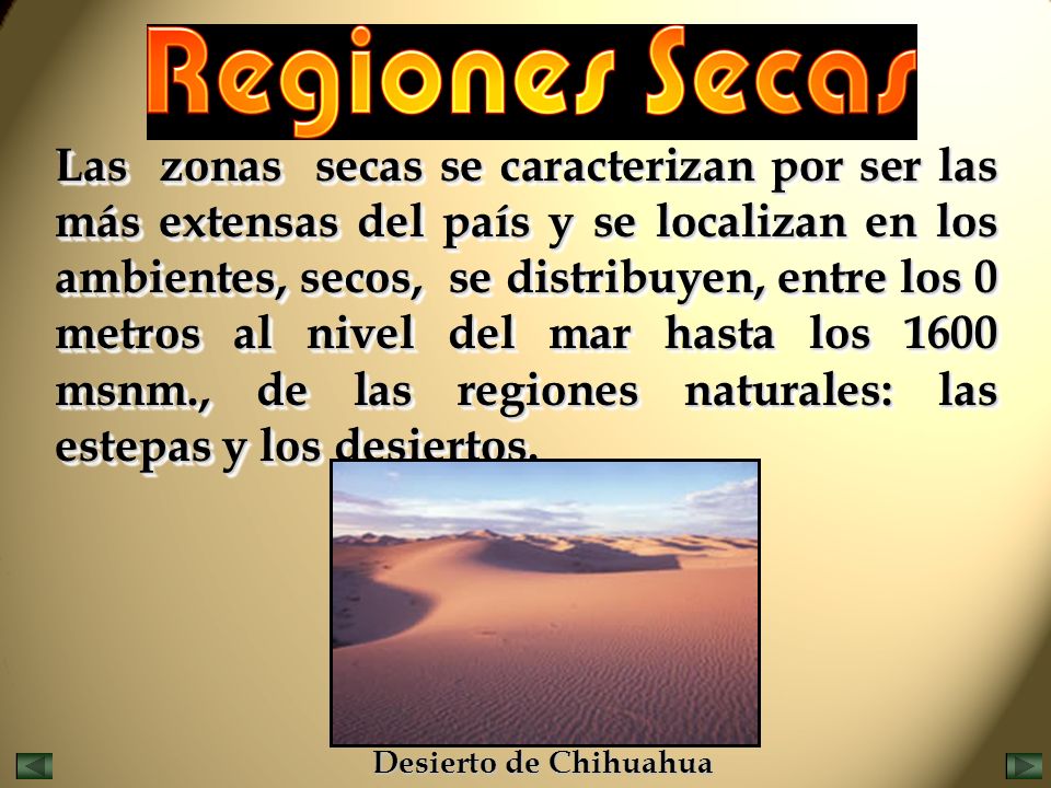 Las zonas secas se caracterizan por ser las más extensas del país y se localizan en los ambientes, secos, se distribuyen, entre los 0 metros al nivel del mar hasta los 1600 msnm., de las regiones naturales: las estepas y los desiertos.