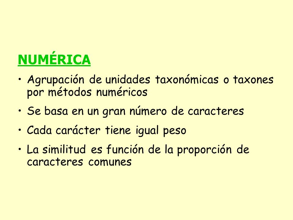 NUMÉRICA Agrupación de unidades taxonómicas o taxones por métodos numéricos. Se basa en un gran número de caracteres.