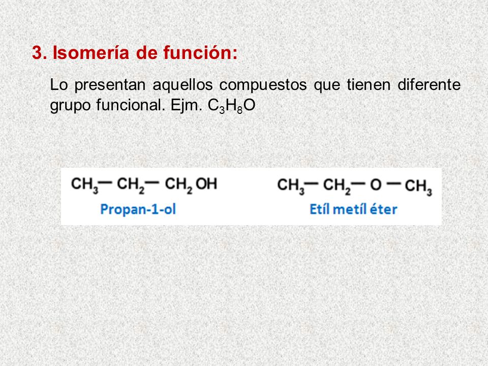 3. Isomería de función: Lo presentan aquellos compuestos que tienen diferente grupo funcional.