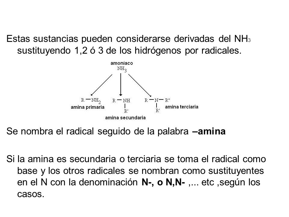 Aminas Estas sustancias pueden considerarse derivadas del NH3 sustituyendo 1,2 ó 3 de los hidrógenos por radicales.