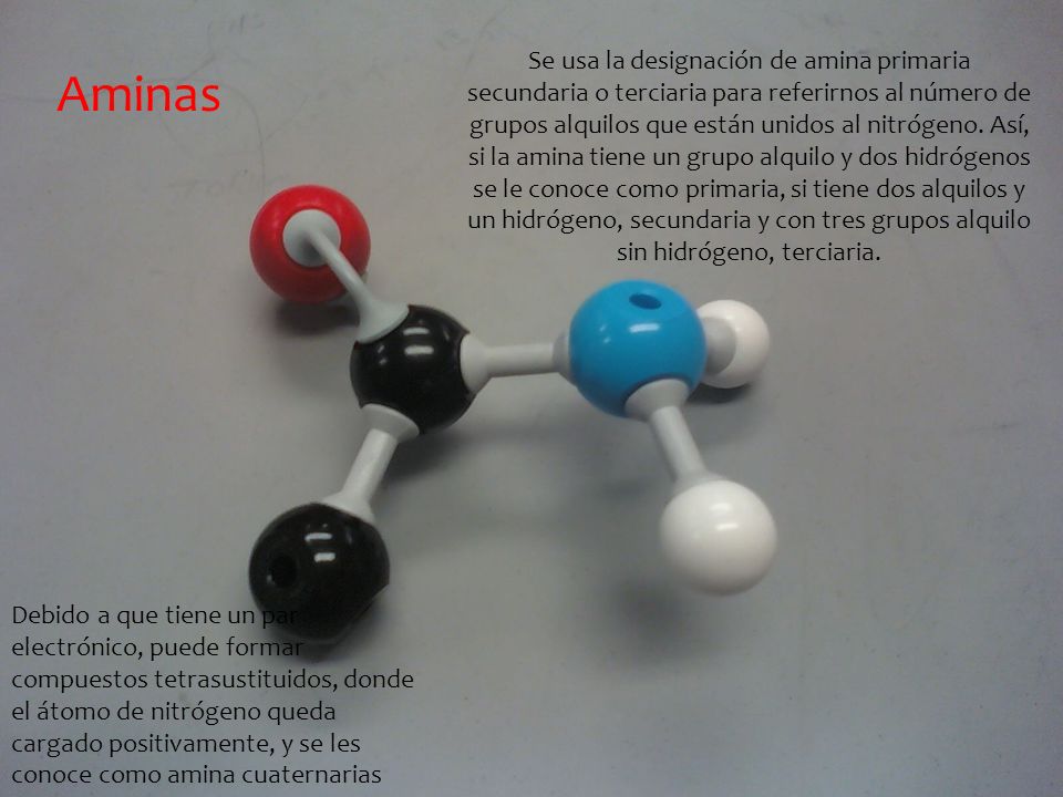 Se usa la designación de amina primaria secundaria o terciaria para referirnos al número de grupos alquilos que están unidos al nitrógeno. Así, si la amina tiene un grupo alquilo y dos hidrógenos se le conoce como primaria, si tiene dos alquilos y un hidrógeno, secundaria y con tres grupos alquilo sin hidrógeno, terciaria.