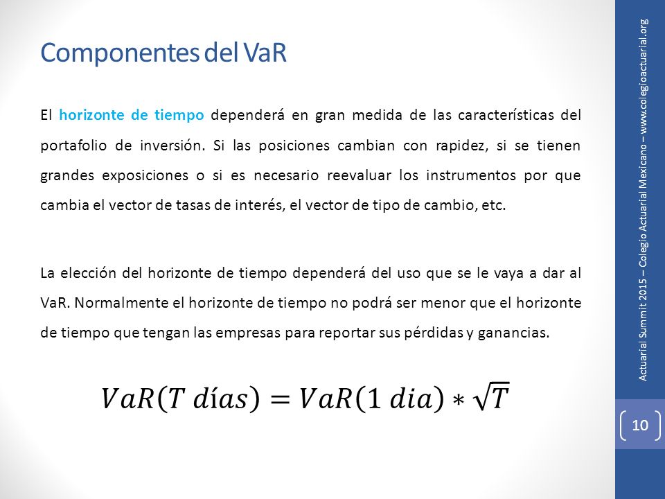 Componentes del VaR 𝑉𝑎𝑅 𝑇 𝑑í𝑎𝑠 =𝑉𝑎𝑅 1 𝑑𝑖𝑎 ∗ 𝑇