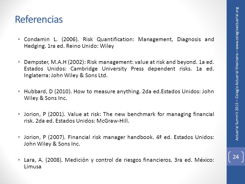Referencias Condamin L. (2006). Risk Quantification: Management, Diagnosis and Hedging. 1ra ed. Reino Unido: Wiley.