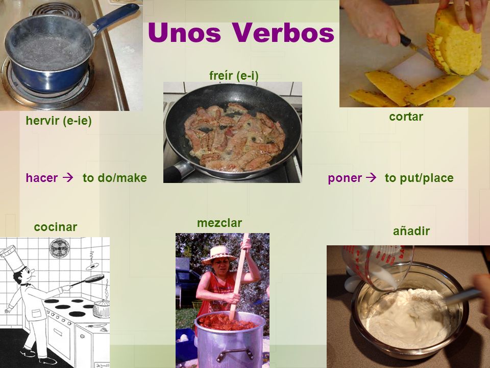 Unos Verbos freír (e-i) cortar hervir (e-ie) hacer  to do/make