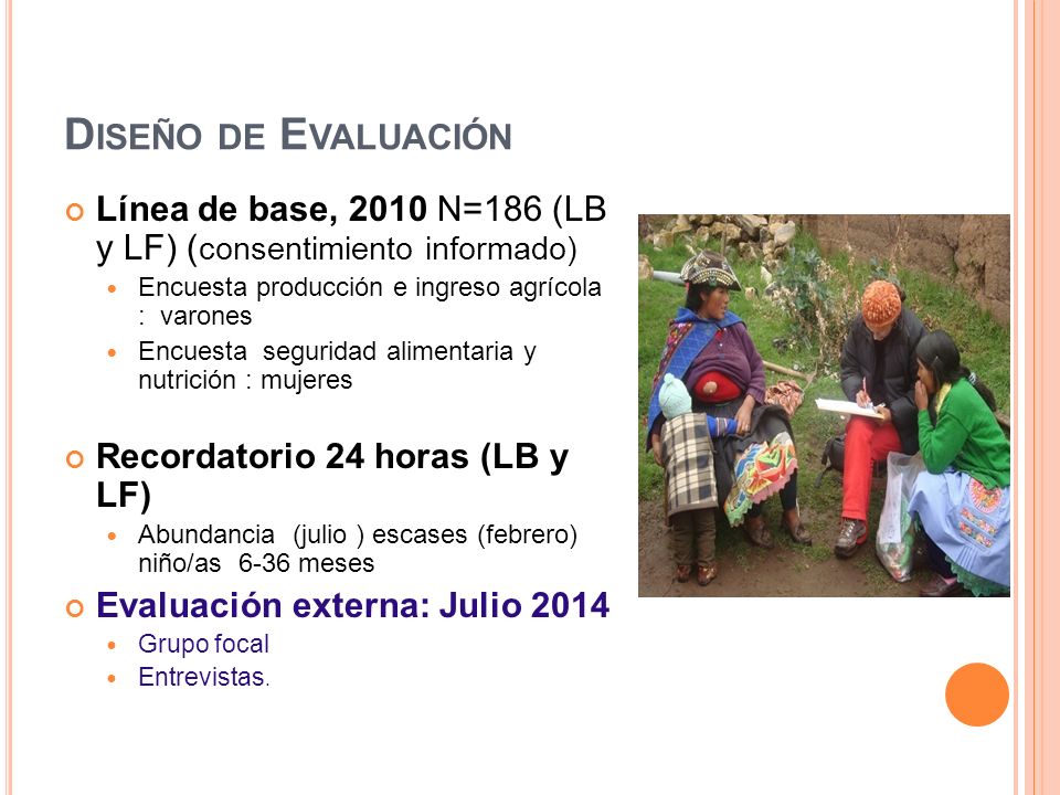 Diseño de Evaluación Línea de base, 2010 N=186 (LB y LF) (consentimiento informado) Encuesta producción e ingreso agrícola : varones.