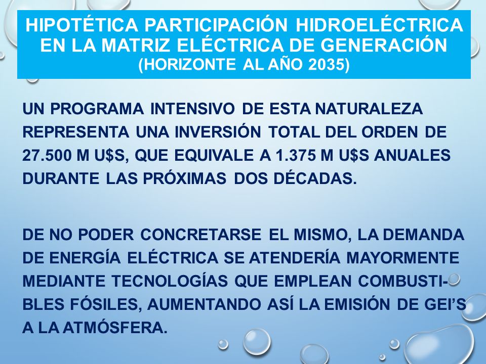 HIPOTÉTICA PARTICIPACIÓN HIDROELÉCTRICA EN LA MATRIZ ELÉCTRICA DE GENERACIÓN (HORIZONTE AL AÑO 2035)
