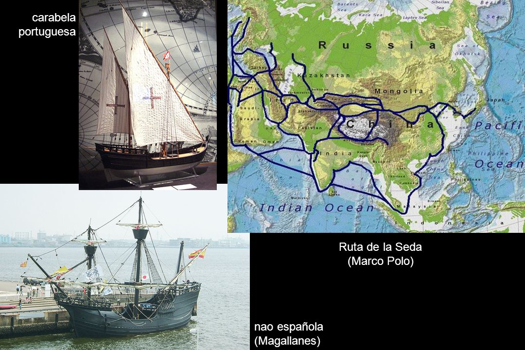 carabela portuguesa Ruta de la Seda (Marco Polo) nao española (Magallanes)