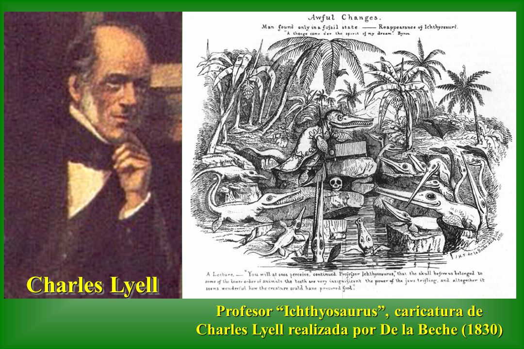 Charles Lyell Profesor Ichthyosaurus , caricatura de Charles Lyell realizada por De la Beche (1830)