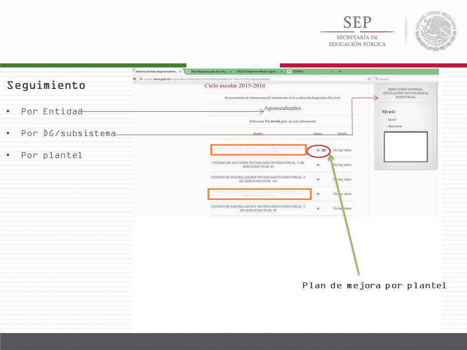Seguimiento Por Entidad Por DG/subsistema Por plantel