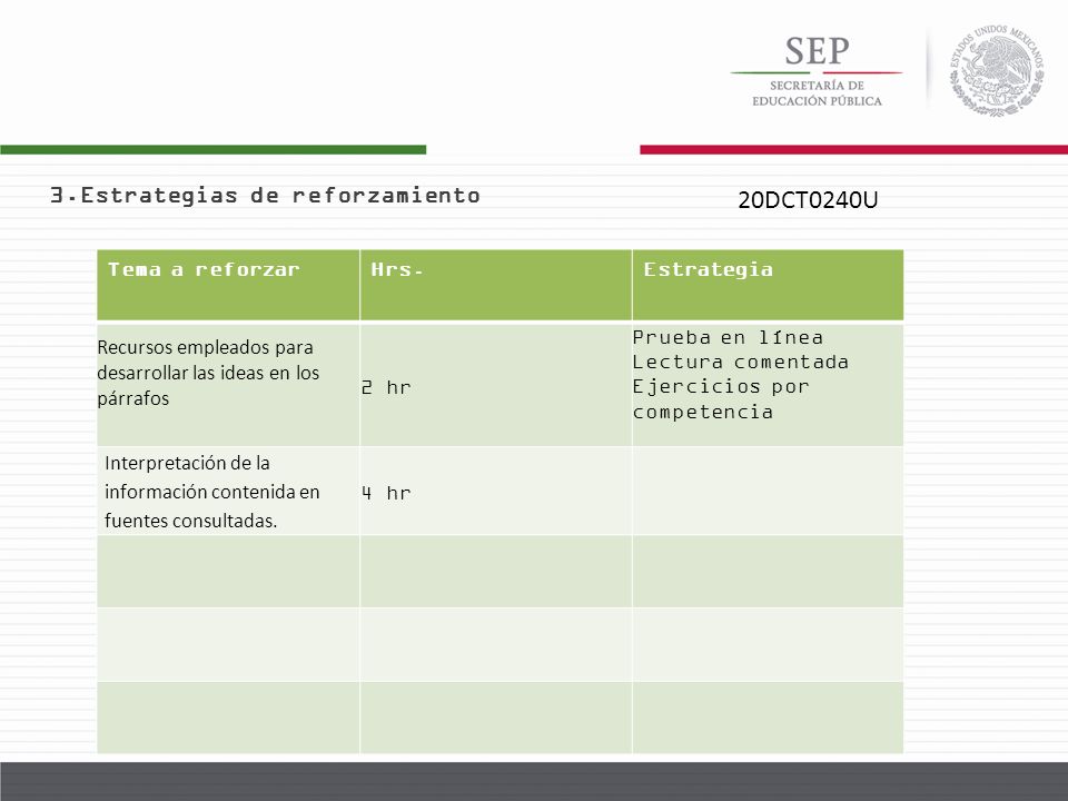 20DCT0240U 3.Estrategias de reforzamiento Tema a reforzar Hrs.