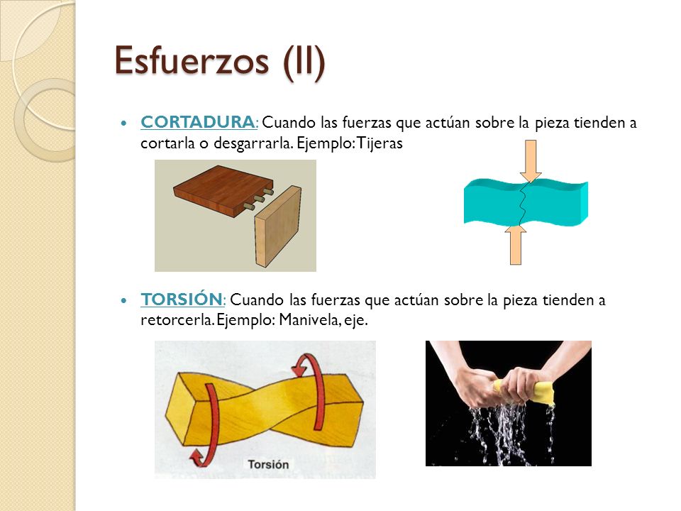 Esfuerzos (II) CORTADURA: Cuando las fuerzas que actúan sobre la pieza tienden a cortarla o desgarrarla. Ejemplo: Tijeras.