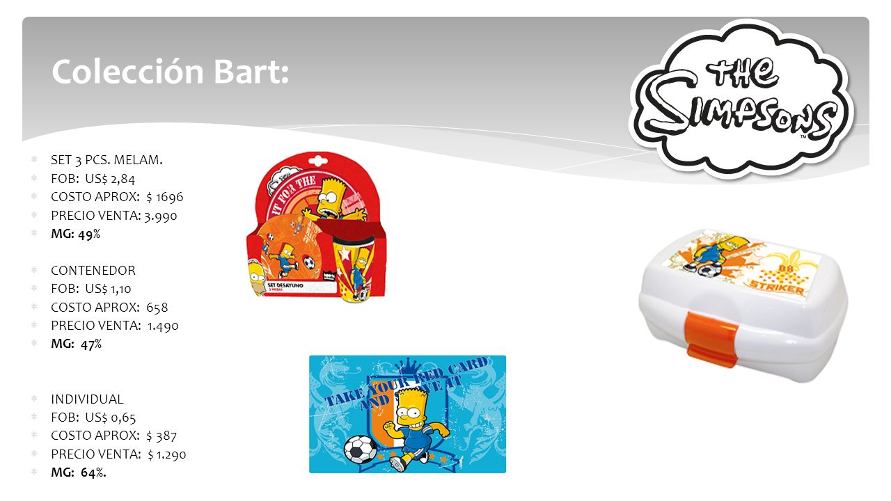 Colección Bart: SET 3 PCS. MELAM. FOB: US$ 2,84 COSTO APROX: $ 1696