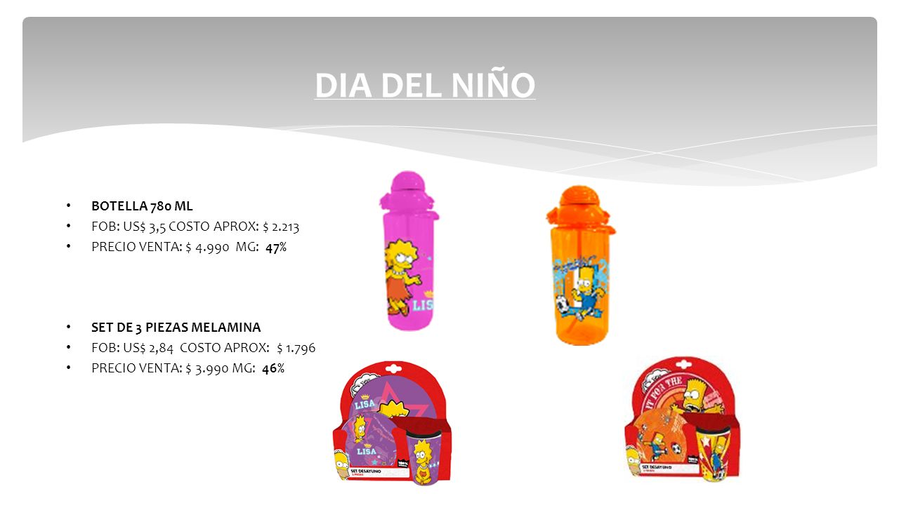 DIA DEL NIÑO BOTELLA 780 ML FOB: US$ 3,5 COSTO APROX: $ 2.213