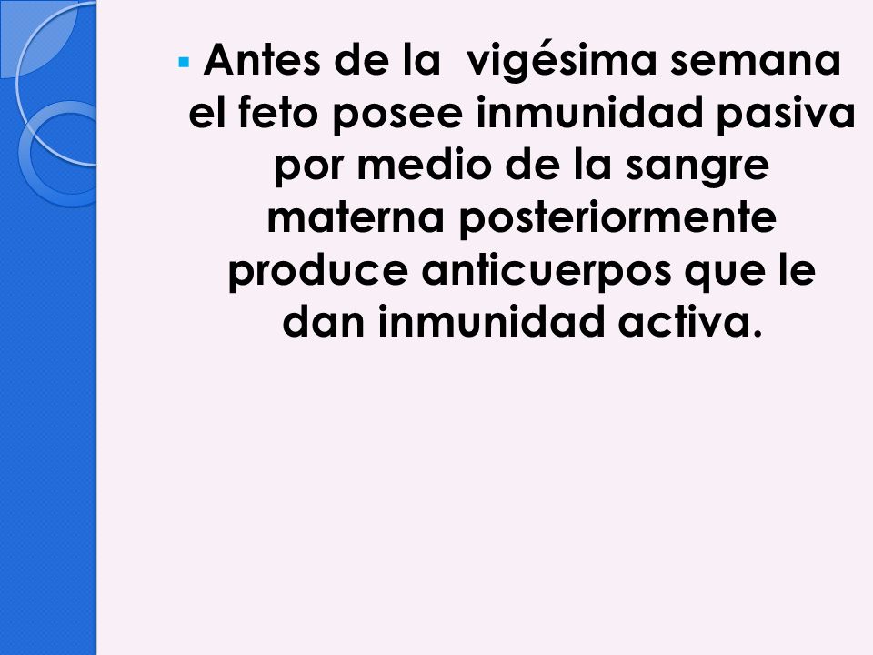 Antes de la vigésima semana el feto posee inmunidad pasiva por medio de la sangre materna posteriormente produce anticuerpos que le dan inmunidad activa.
