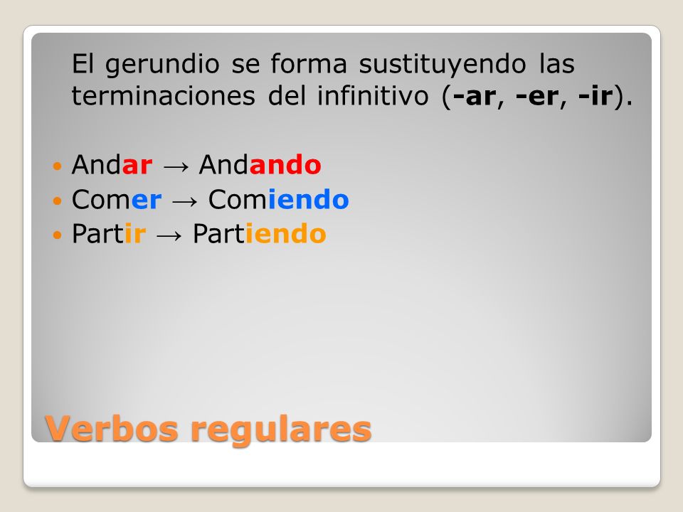 El gerundio se forma sustituyendo las terminaciones del infinitivo (-ar, -er, -ir).