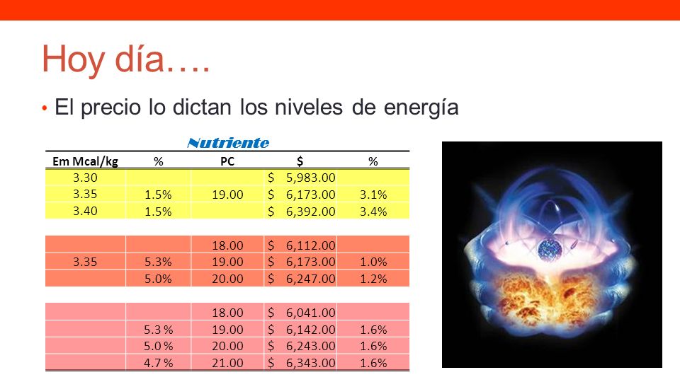 Hoy día…. El precio lo dictan los niveles de energía Nutriente