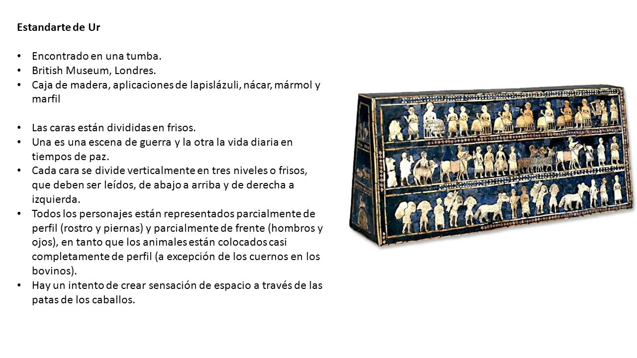 Estandarte de Ur Encontrado en una tumba. British Museum, Londres. Caja de madera, aplicaciones de lapislázuli, nácar, mármol y marfil.