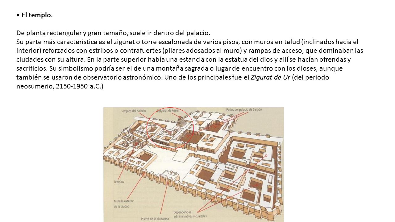• El templo. De planta rectangular y gran tamaño, suele ir dentro del palacio.