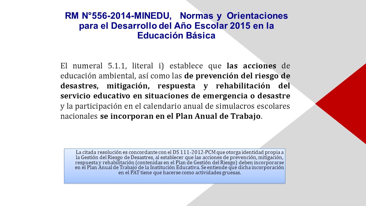 RM N° MINEDU, Normas y Orientaciones para el Desarrollo del Año Escolar 2015 en la Educación Básica