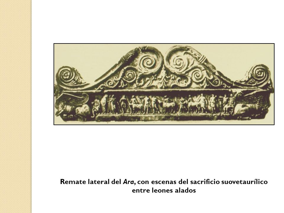 Remate lateral del Ara, con escenas del sacrificio suovetaurílico entre leones alados
