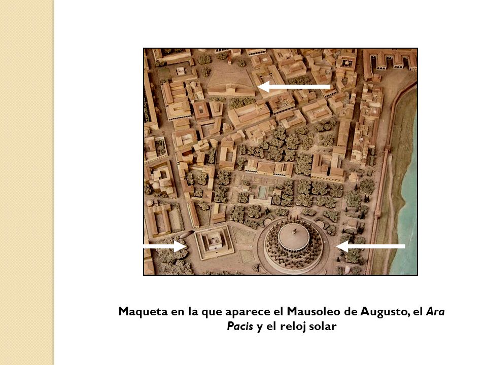 Maqueta en la que aparece el Mausoleo de Augusto, el Ara Pacis y el reloj solar