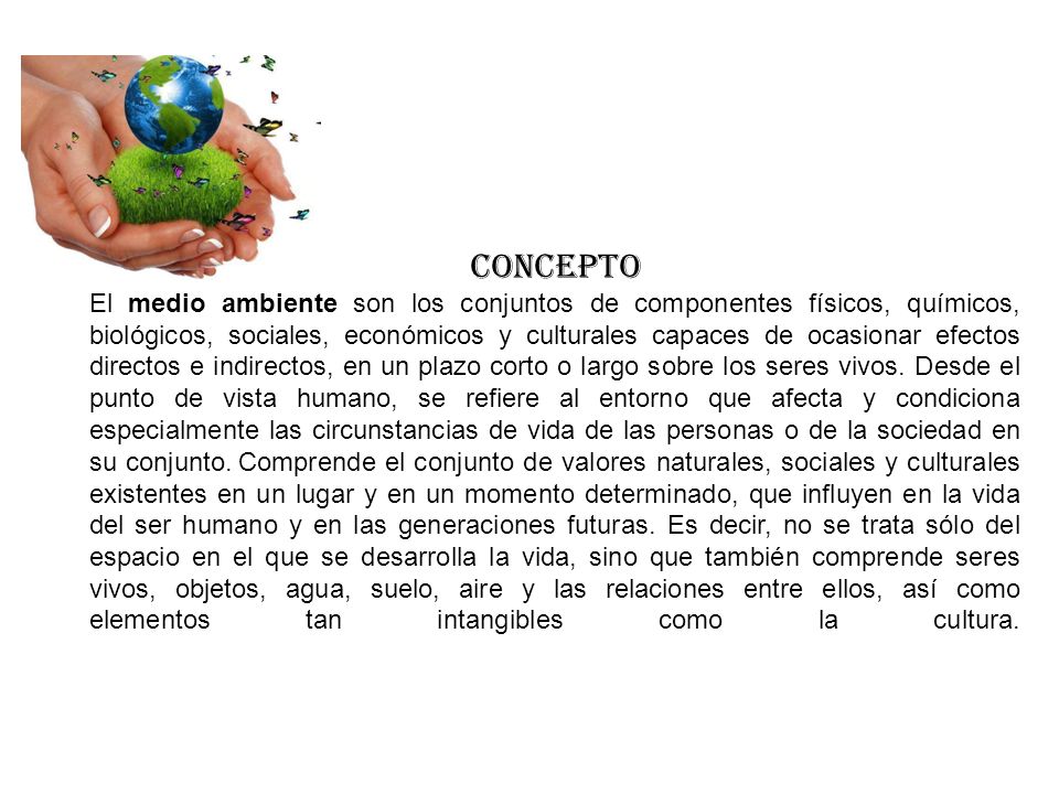 CONCEPTO El medio ambiente son los conjuntos de componentes físicos, químicos, biológicos, sociales, económicos y culturales capaces de ocasionar efectos directos e indirectos, en un plazo corto o largo sobre los seres vivos.