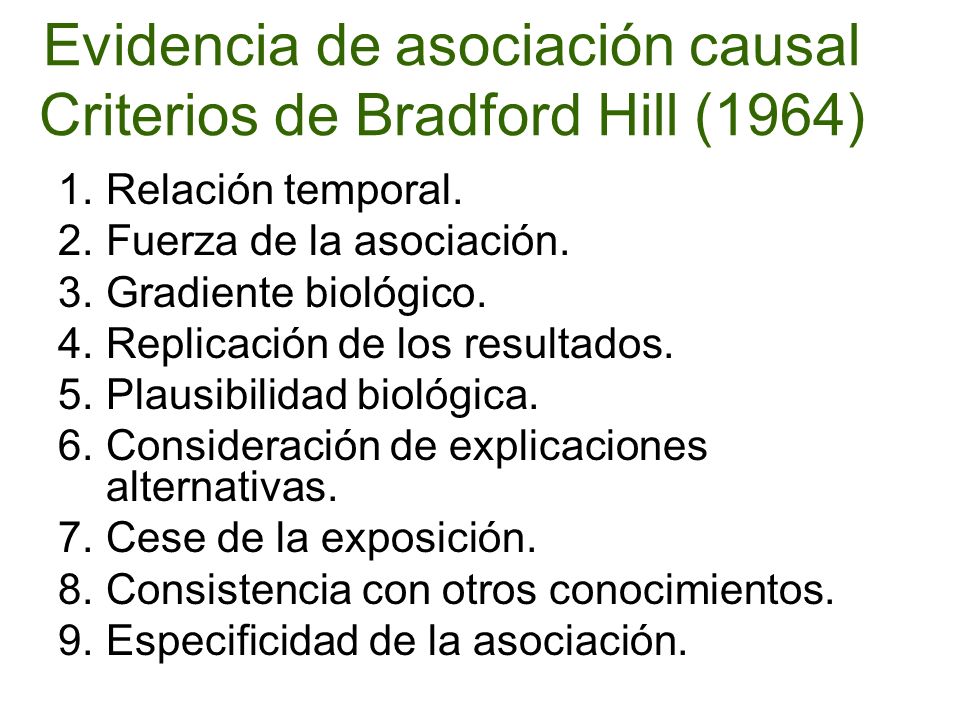 Evidencia de asociación causal Criterios de Bradford Hill (1964)