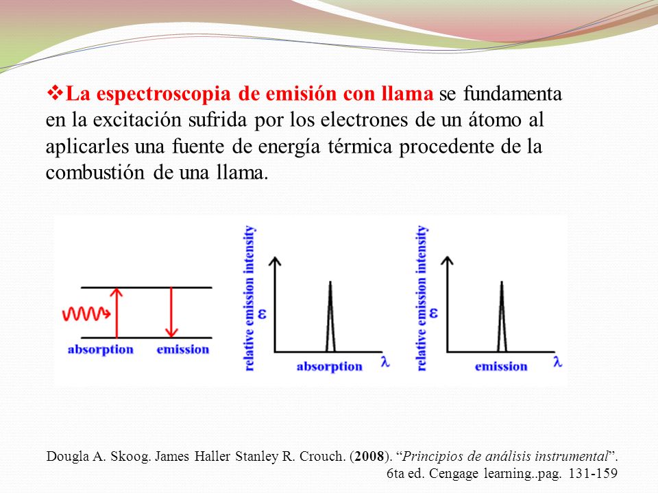 La espectroscopia de emisión con llama se fundamenta en la excitación sufrida por los electrones de un átomo al aplicarles una fuente de energía térmica procedente de la combustión de una llama.