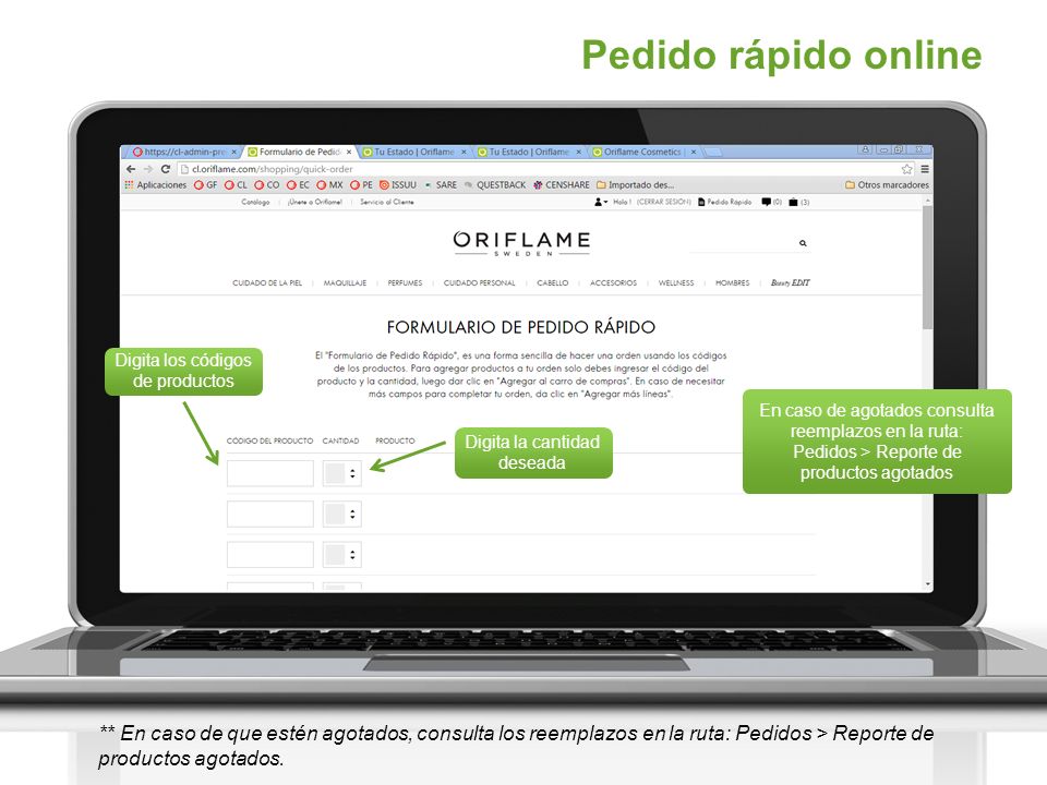 Pedido rápido online Digita los códigos. de productos. En caso de agotados consulta reemplazos en la ruta: