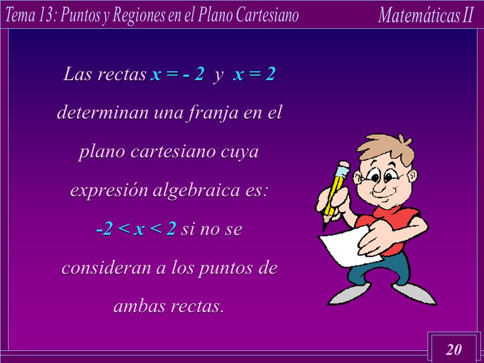 Las rectas x = - 2 y x = 2 determinan una franja en el plano cartesiano cuya expresión algebraica es: -2 < x < 2 si no se consideran a los puntos de ambas rectas.