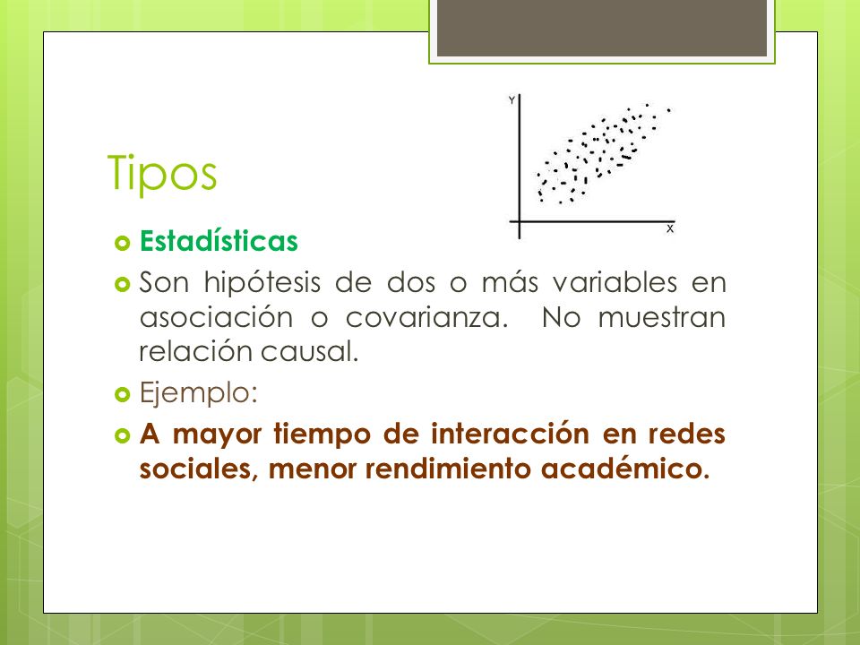 Tipos Estadísticas. Son hipótesis de dos o más variables en asociación o covarianza. No muestran relación causal.