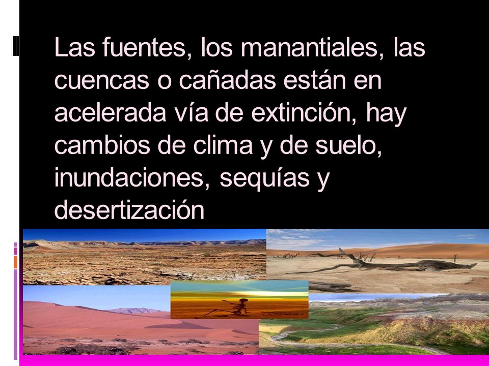 Las fuentes, los manantiales, las cuencas o cañadas están en acelerada vía de extinción, hay cambios de clima y de suelo, inundaciones, sequías y desertización
