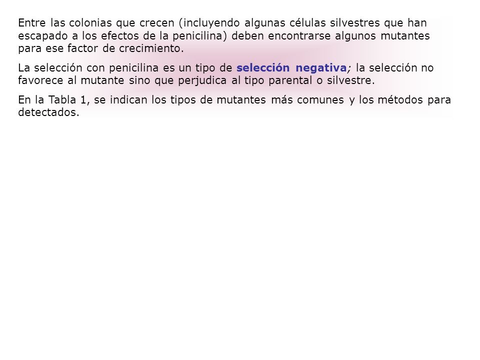 Entre las colonias que crecen (incluyendo algunas células silvestres que han escapado a los efectos de la penicilina) deben encontrarse algunos mutantes para ese factor de crecimiento.