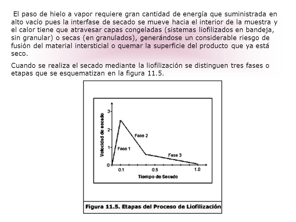 El paso de hielo a vapor requiere gran cantidad de energía que suministrada en alto vacío pues la interfase de secado se mueve hacia el interior de la muestra y el calor tiene que atravesar capas congeladas (sistemas liofilizados en bandeja, sin granular) o secas (en granulados), generándose un considerable riesgo de fusión del material intersticial o quemar la superficie del producto que ya está seco.