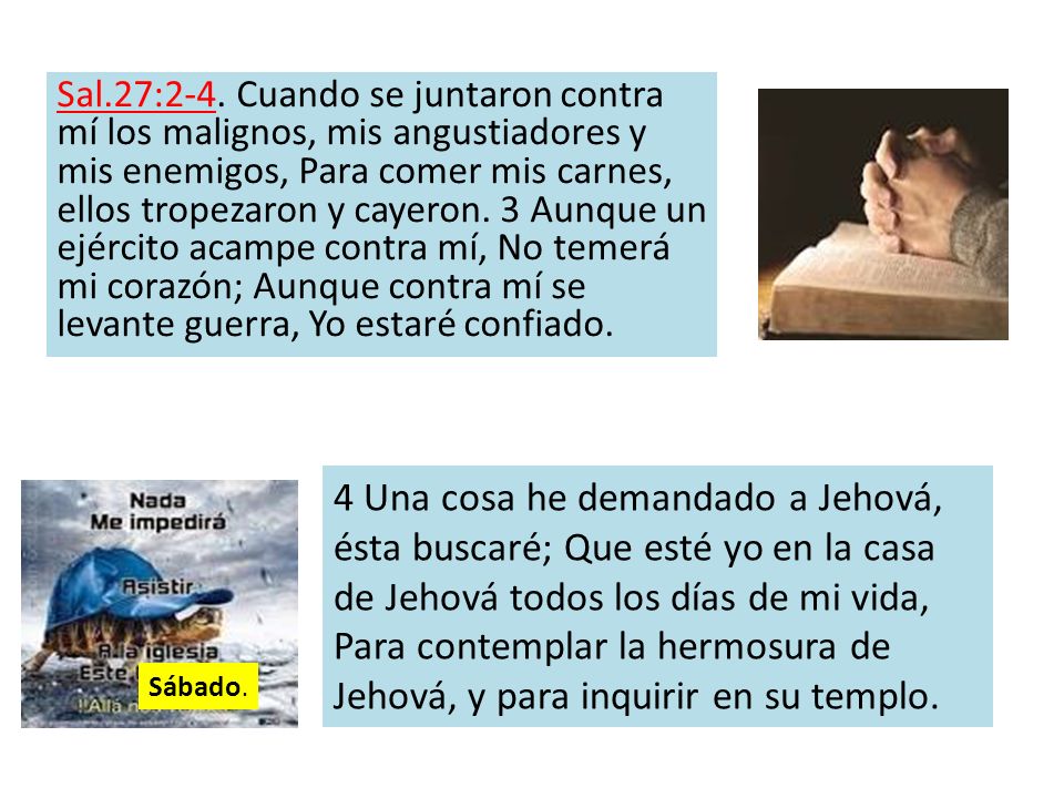 Sal.27:2-4. Cuando se juntaron contra mí los malignos, mis angustiadores y mis enemigos, Para comer mis carnes, ellos tropezaron y cayeron. 3 Aunque un ejército acampe contra mí, No temerá mi corazón; Aunque contra mí se levante guerra, Yo estaré confiado.