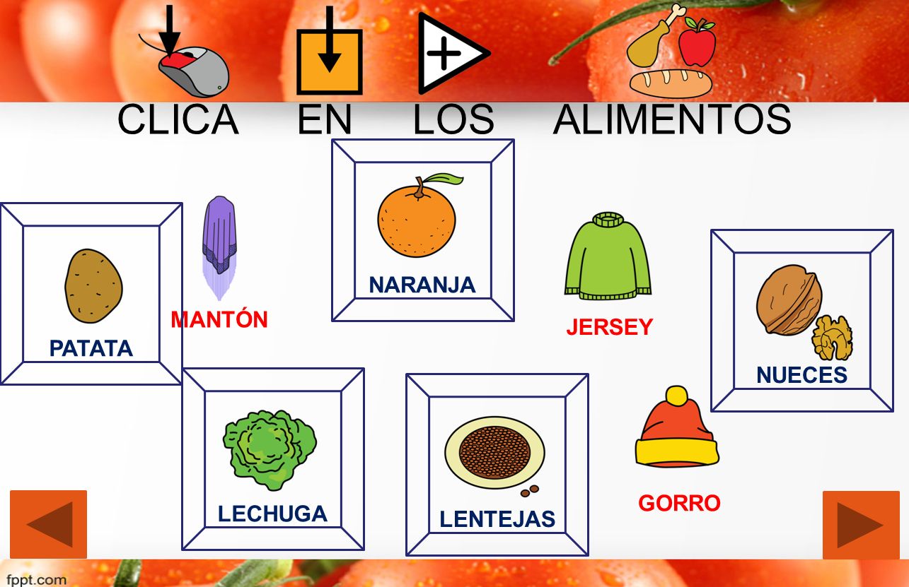 CLICA EN LOS ALIMENTOS NARANJA MANTÓN JERSEY PATATA NUECES GORRO