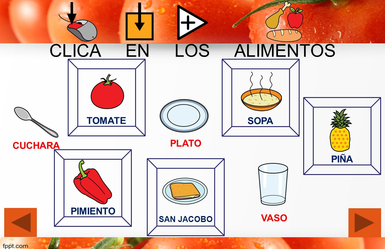 CLICA EN LOS ALIMENTOS TOMATE SOPA PLATO CUCHARA PIÑA PIMIENTO VASO