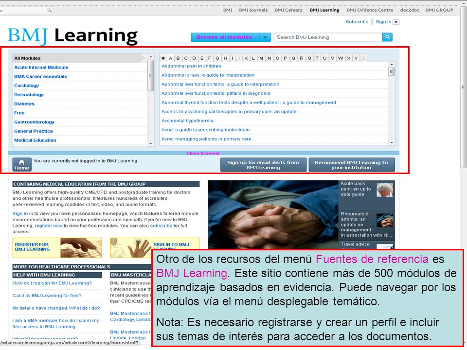 Otro de los recursos del menú Fuentes de referencia es BMJ Learning